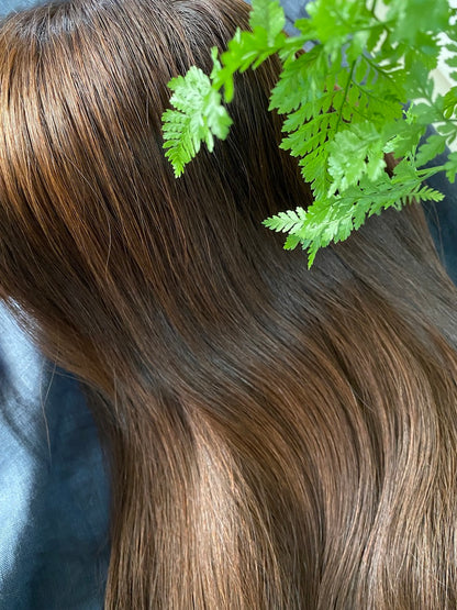Silk Top Hand-Tied Remy Human Hair Wig – Brunette Blend (16–22”) M Cap (Maya)