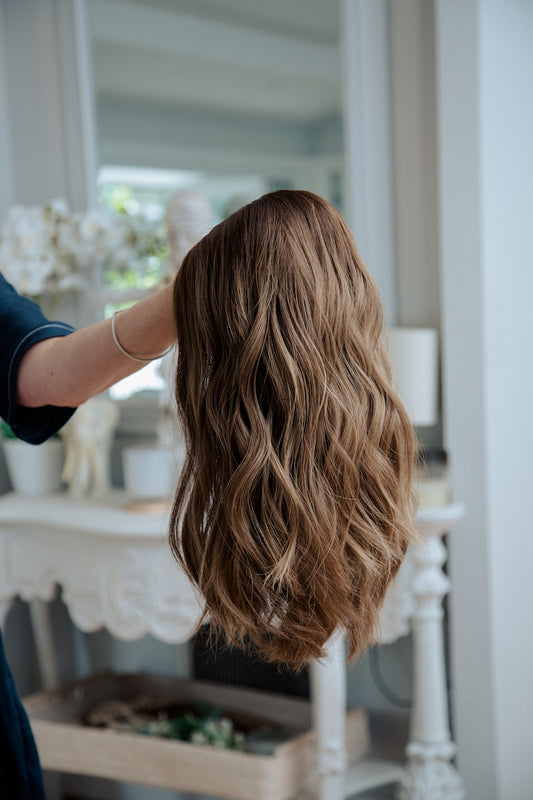 Silk Top Human Hair Wig M – Soft Brunette Blend (16–18”) (Luna)